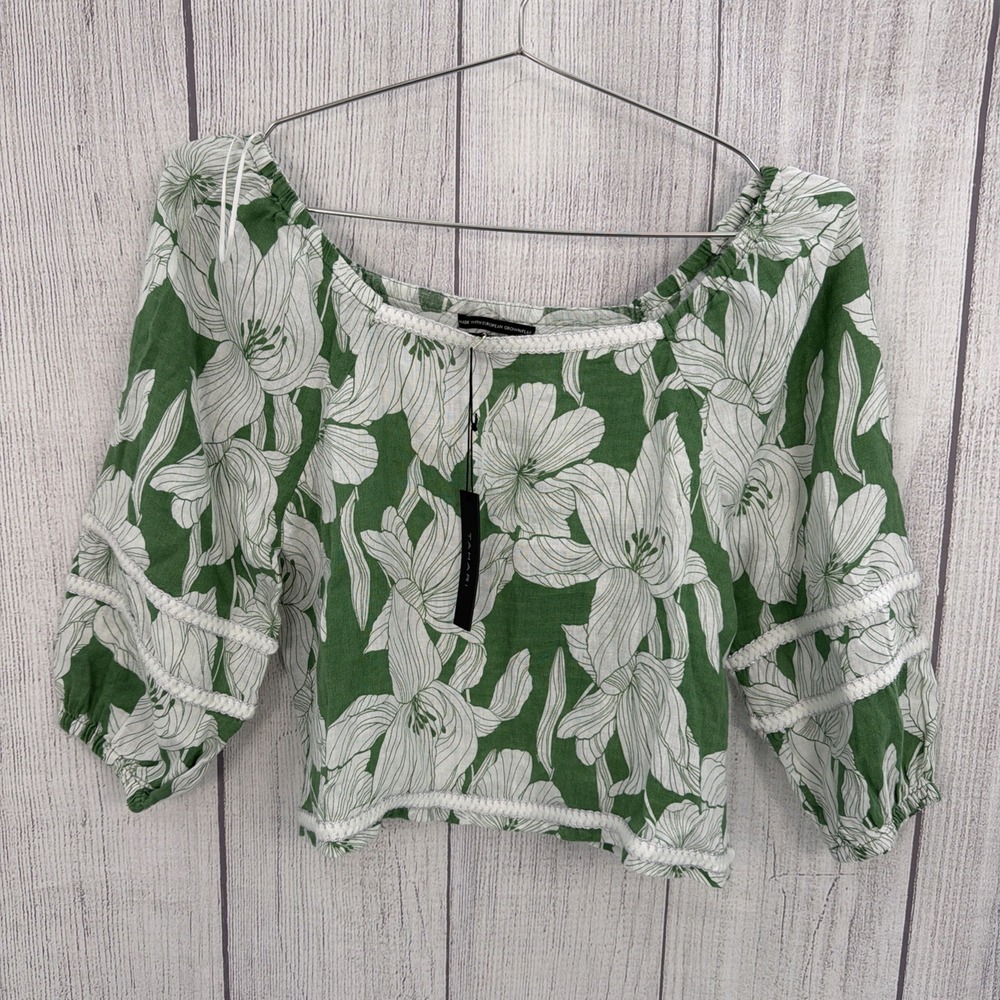 Tahari 100% Linen Top Womens LARGE Green White Floral Blouse Peasant Boho Summer